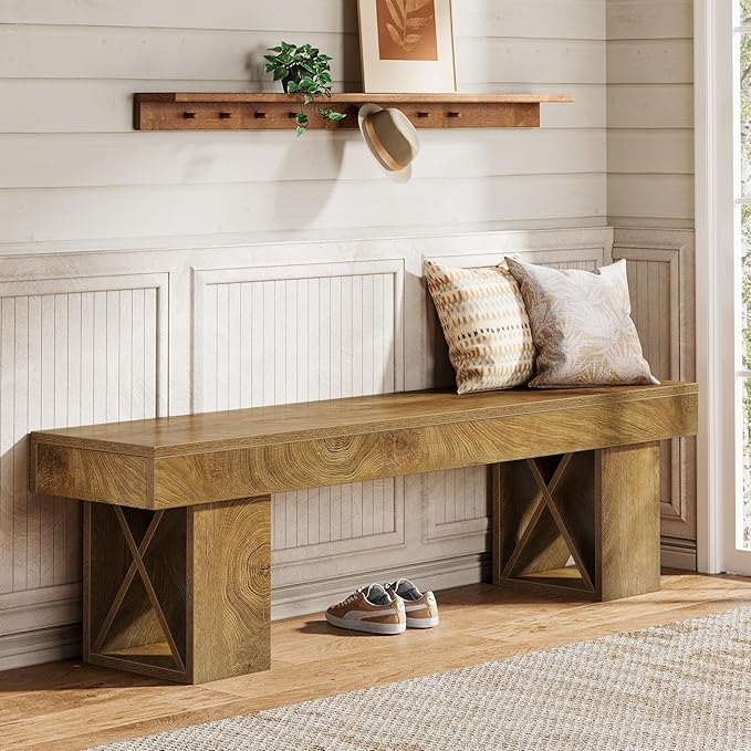 Tribesigns 55" Extra Long Entryway Bench, Farmhouse Wooden Entry Shoe Bench Seat, Indoor End of Bed Stool for Hallway, Bedroom, Living Room, Brown