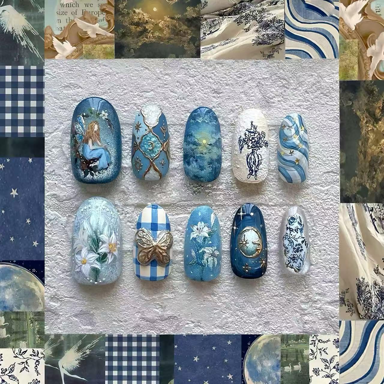 C.Z.Z.T.T.NAILS Fine Nailart Press On Nails, 24 Pieces Almond Shaped, Blue Fantasy Floral Design with Moon and Stars Pattern, Reusable Artificial Nail Tips