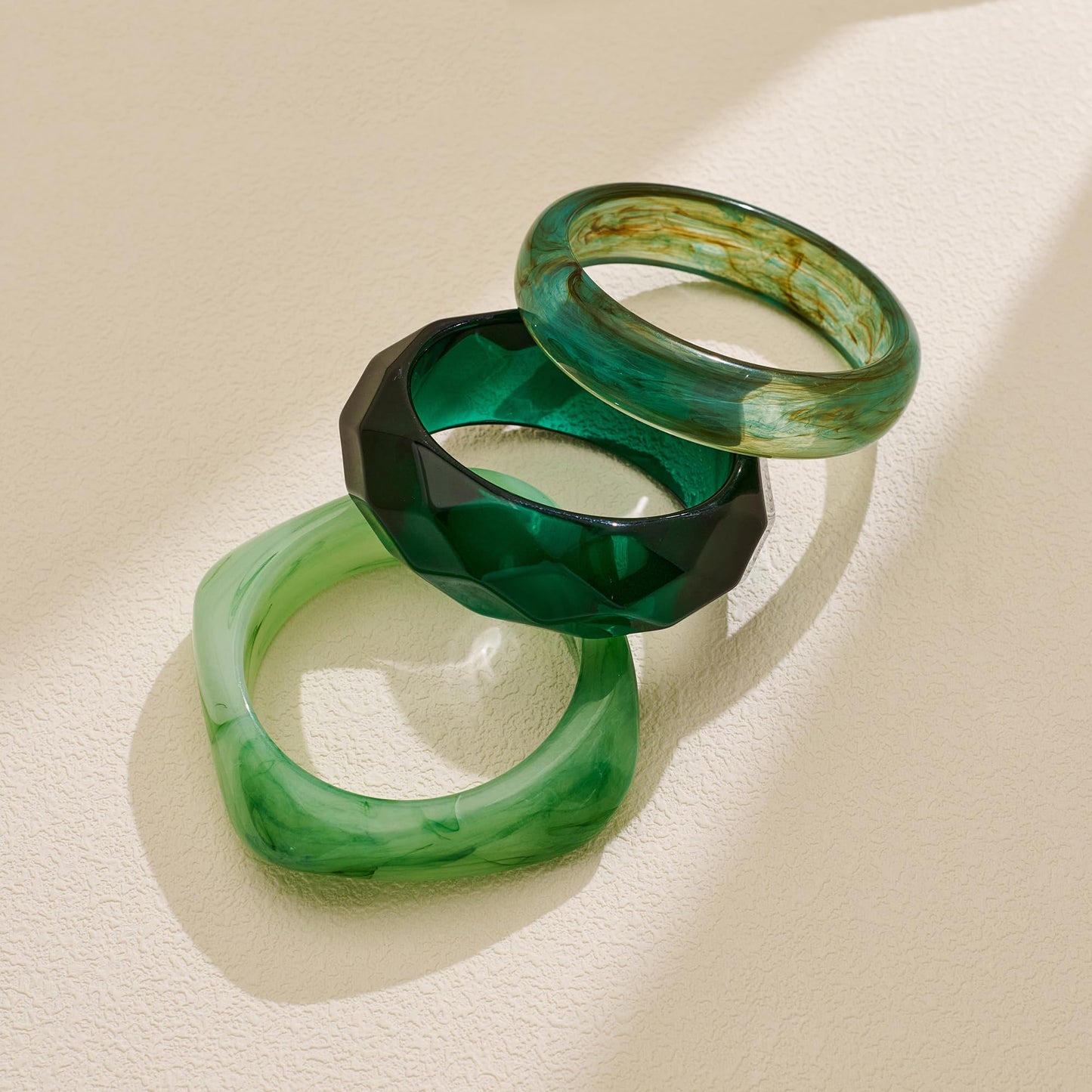 ENSKEFEN 3PCS Green Acrylic Resin Bangle Bracelets for Women Chunky Geometric Round Square Statement Bracelet Bold Wide Irregular Punk Acrylic Resin Bangle