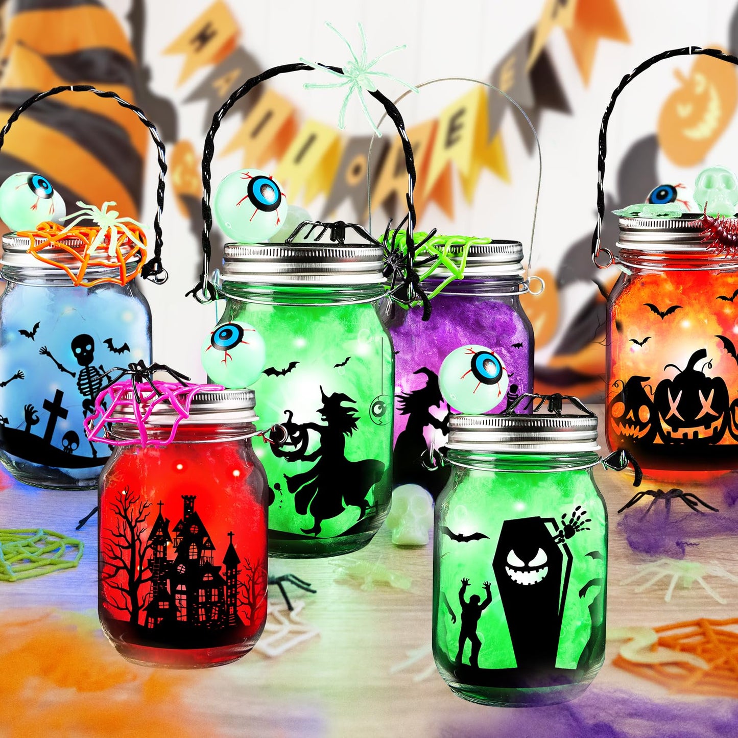 Shemira Halloween Craft Kit - 6pc Glass Mason Jar DIY Lantern Kit, Party Supplies for Kids