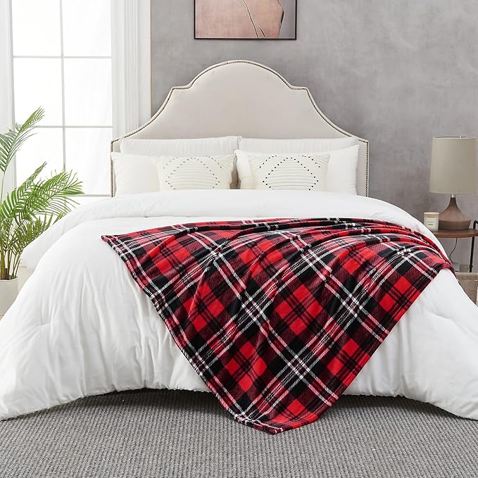 SOCHOW Flannel Fleece Throw Blanket 90 x 90 Inches, All Season Plaid Red/Grey Blanket for Bed, Couch, Car