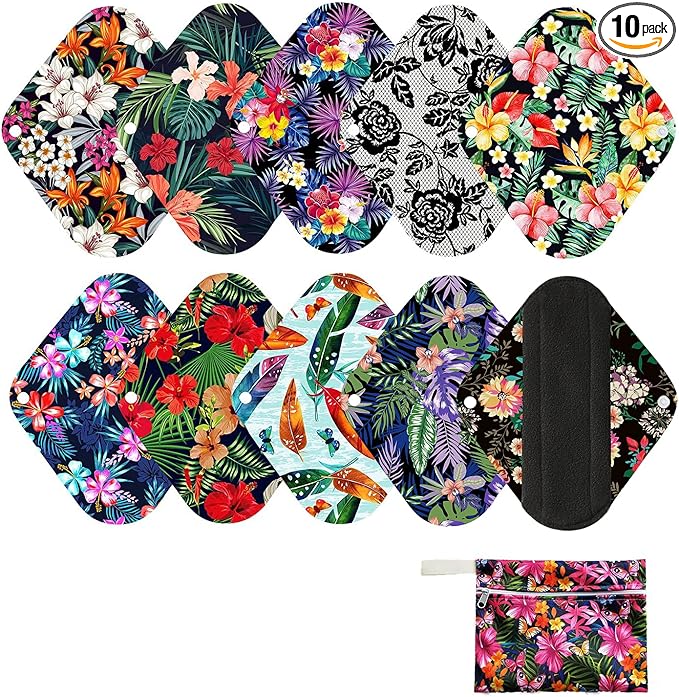 10 Pcs Reusable Menstrual Pad Set Including 1Pc Mini Wet Bag + 9Pcs Light Flow Daily Use Waterproof Mama Cloth Sanitary Napkin Pads Menstrual Pads (Panty Set, Panty Liner Bamboo Charcoal)