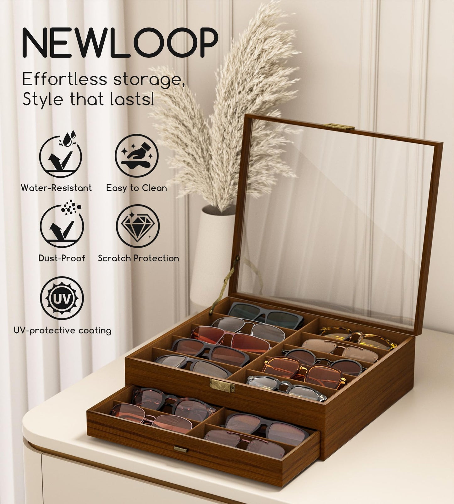NEWLOOP Sunglasses Case Storage Organizer - Sunglass Organizer See-through Display Case Multiple Pairs Glasses Holder Stand 2-layer Eyeglass Jewelry Watch Collection Box for Men Wooden