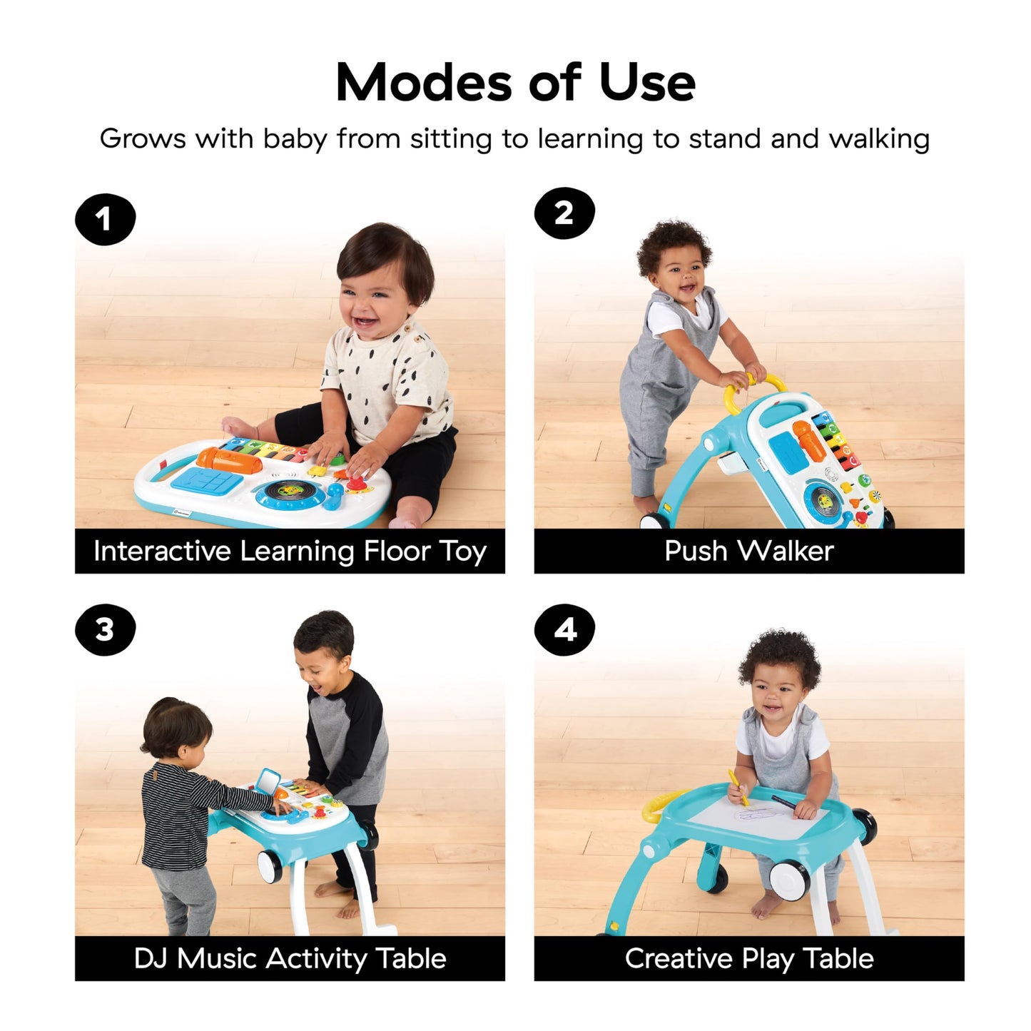 Baby Einstein Musical Mix ‘N Roll 4-in-1 Push Walker, Activity Center, Toddler Table & Floor Toy, 100+ Songs & Phrases, DJ Station with Piano