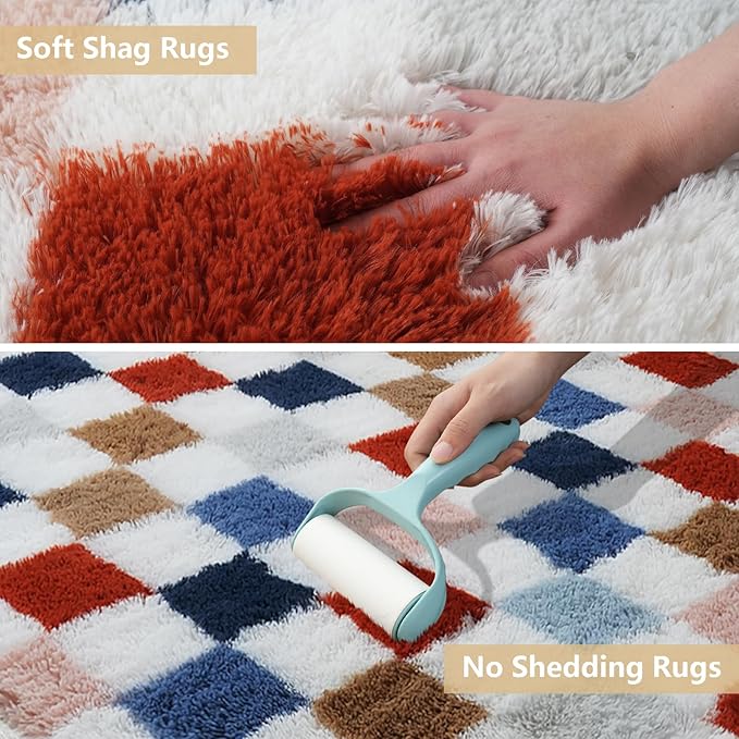 Shag Area Rug for Bedroom Living Room,6x9 Fluffy Soft Colorful Checkered Rug Fuzzy Shaggy Bedroom Carpet,Indoor Plush Floor Rugs for Kids Boys Girls Teen Dorm Nursery Home Decor