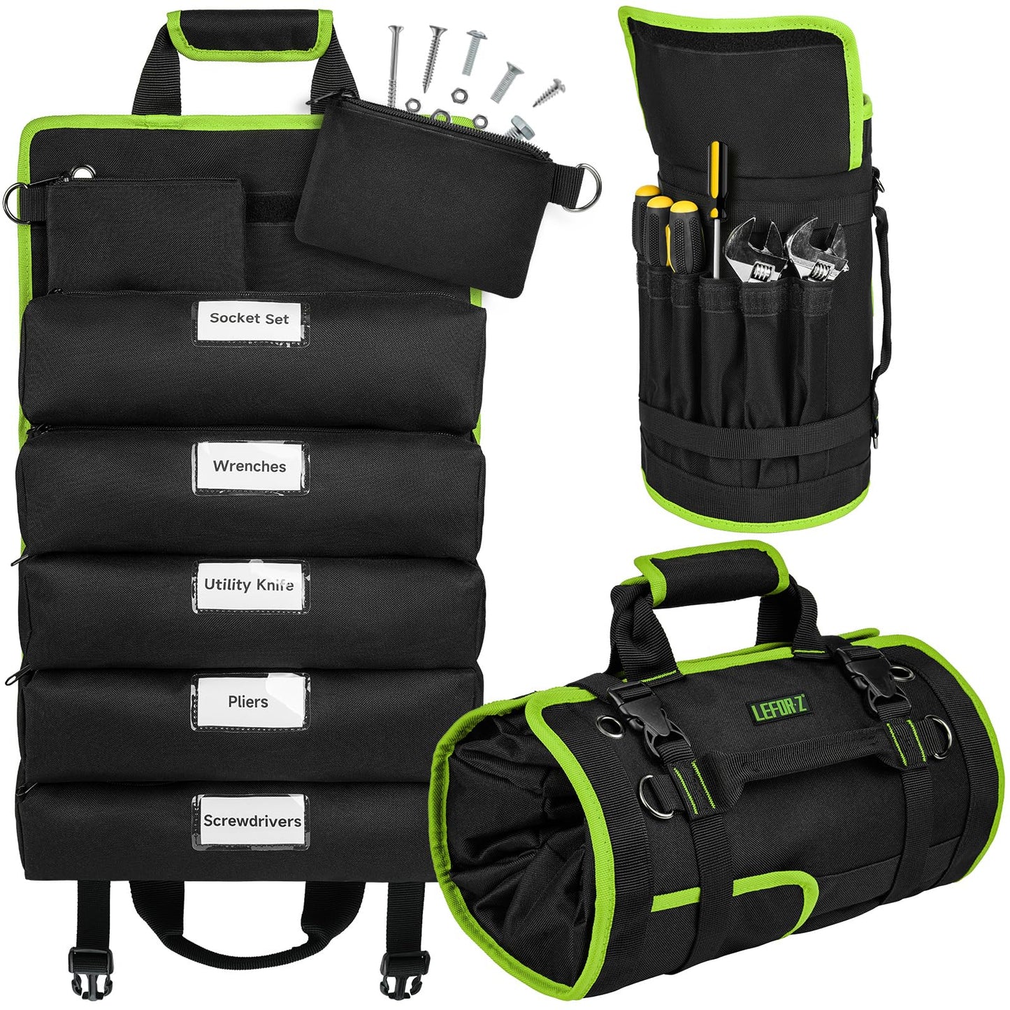 Tool Bag,Large Roll Up Tool Bag Organizer,13 Pockets Tool Roll Storage Pouch,Heavy Duty Portable Tool Storage Carrier Bag for Men,Mechanic,Electrician,Valentines Day Gifts for Men,Black/Green