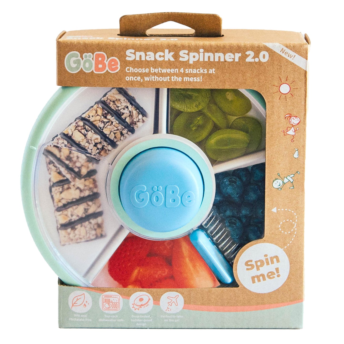 GoBe Kids Small Snack Spinner Slide - Reusable Snack Container with 4 Compartment Dispenser and Lid | BPA/PVC Free | Dishwasher Safe | No Spill - Travel Accessories (Twinberry)