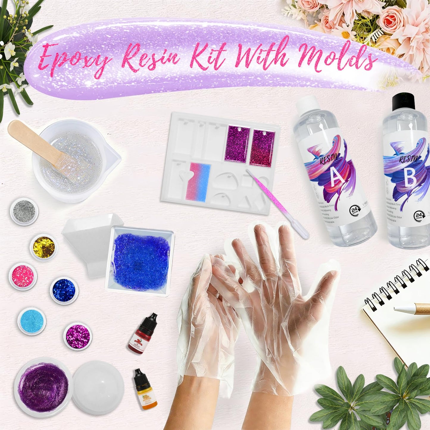 RNYBFPT Epoxy Resin Kit for Beginners, 18oz Crystal Clear Resin with Silicone Molds, Easy 1:1 Mix, All-in-One Resin Art Kit with Pigments & Glitter for Jewelry Making, DIY Crafts & Creative Gifts