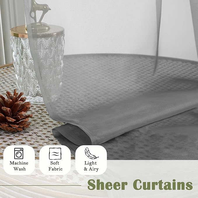 Lecloud Charcoal Grey Sheer Curtains 108 Inches Long 2 Pcs, Airy Light Filtering Farmhouse Curtains for Bedroom, Dual Rod Pocket Solid Color Living Room Decor Drapes, Each Panel 59" W x 108" L