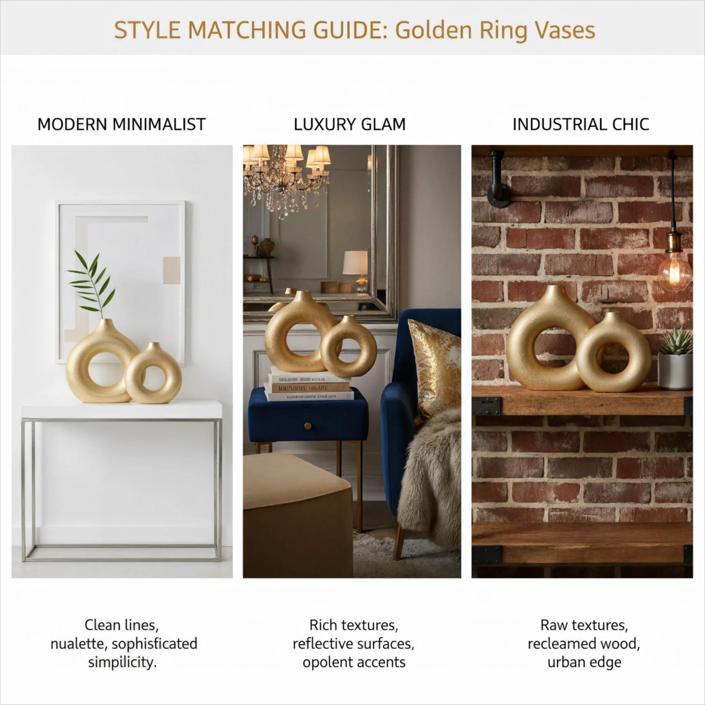 Modern Donut-Shaped Decorative Vases, Handmade Minimalist Boho ins Style, Modern Vase for Home Decor for Wedding Dinner Table Party Living Room Office Bedroom (Gold, Large + Small)
