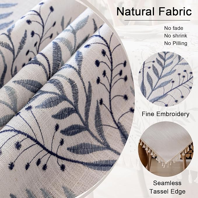 Joyfol Day Rustic Waterproof Linen Tablecloth, Heavy Weight Fern Embroidery Table Cloths for Rectangle Tables, Farmhouse Spill-Proof Table Covers with Tassels, Blue 55''x 70''