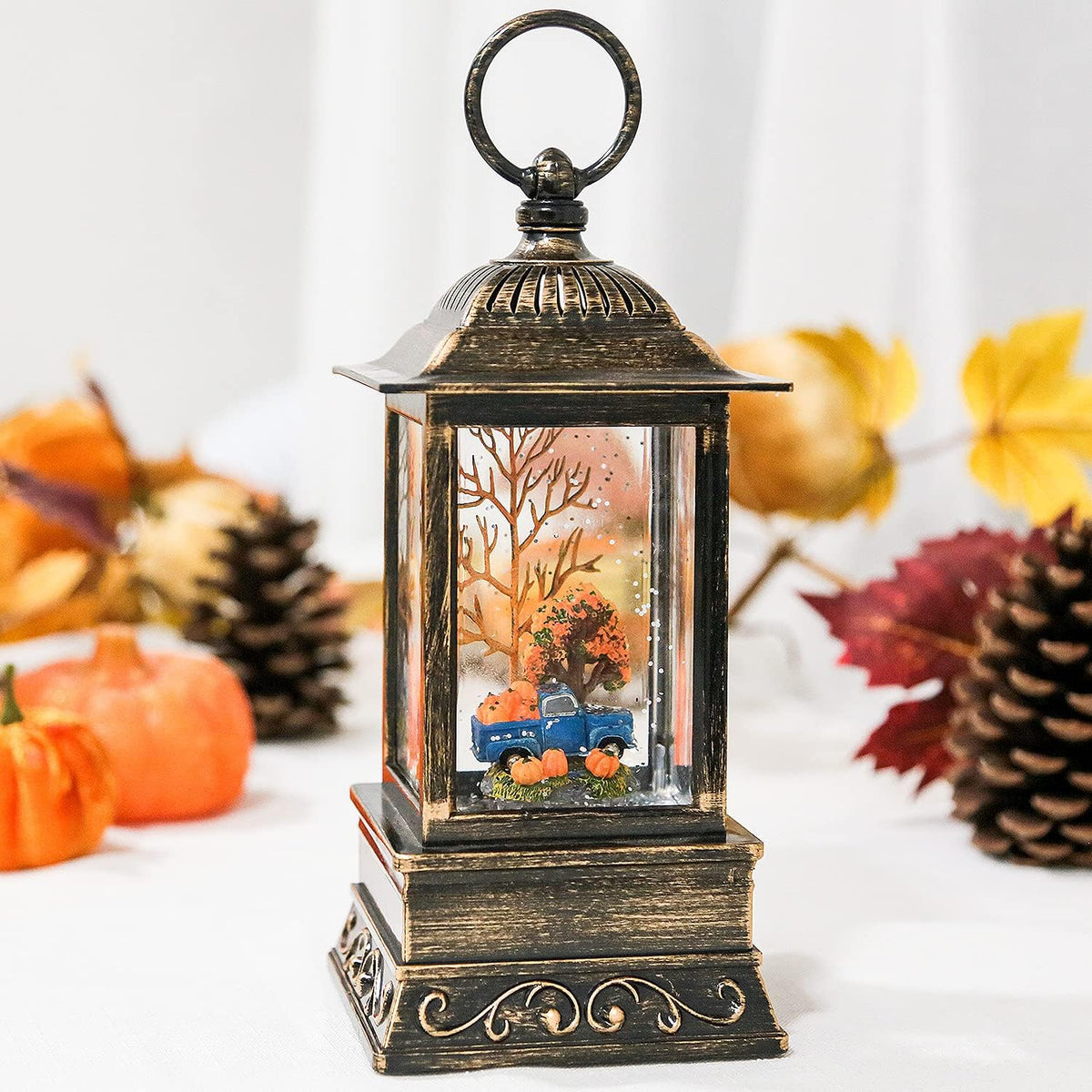 Fall Snow Globe Lantern, Thanksgiving Lighted Lantern, Swirling Glitter Snow Globe for Fall Harvest Day Decorations, Home Fall Decor, Halloween (Truck&Pumpkins)