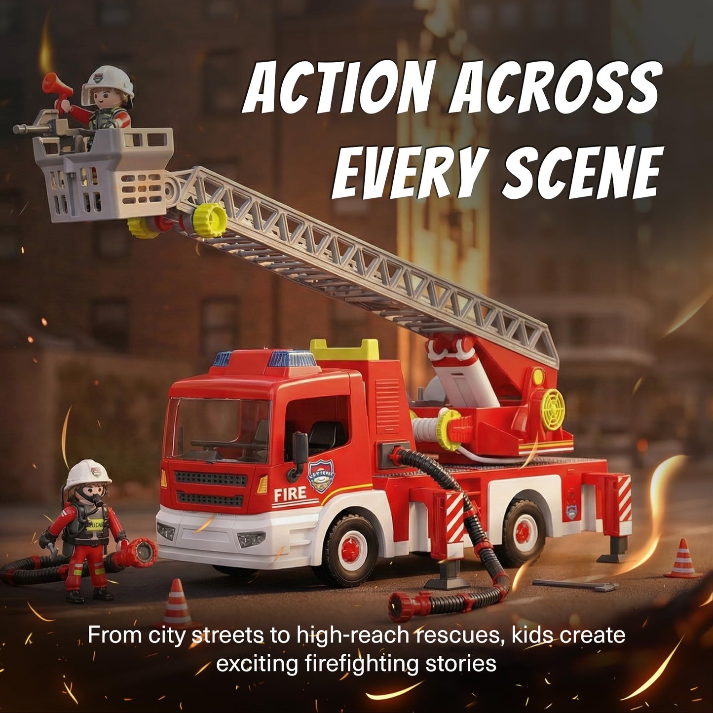 Tiny Force Toy Ladder Fire Truck Toy – Firefighter Fire Truck with Extendable Fire Ladder, Toy Truck for Kids, Perfect Firefighter Gift for Pretend Play Fun