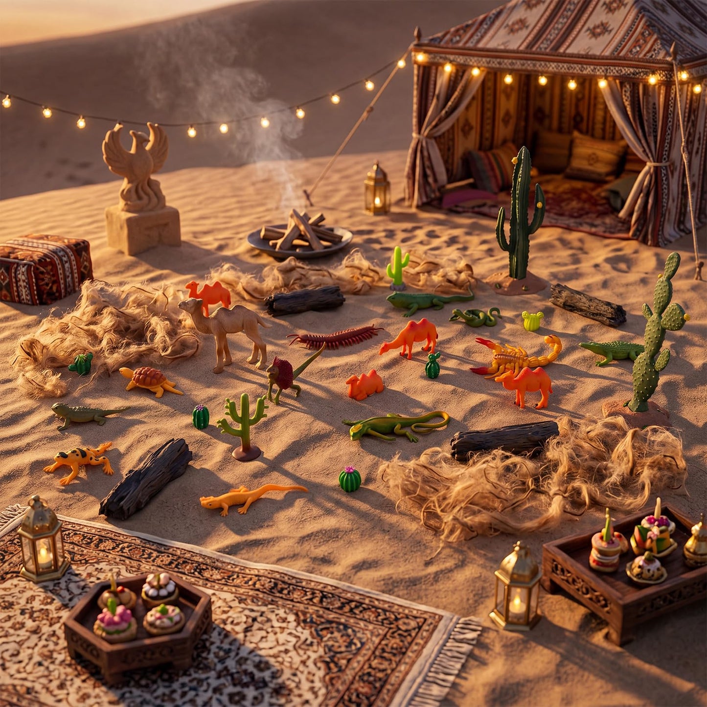 Duraaamo 32 Pcs Desert Animals Figures Diorama Kit Reptiles Lizard Snake Cactus Trees Model Kit Diorama Project with Camel for Miniature Landscape Cake Topper Birthday DIY Craft Project