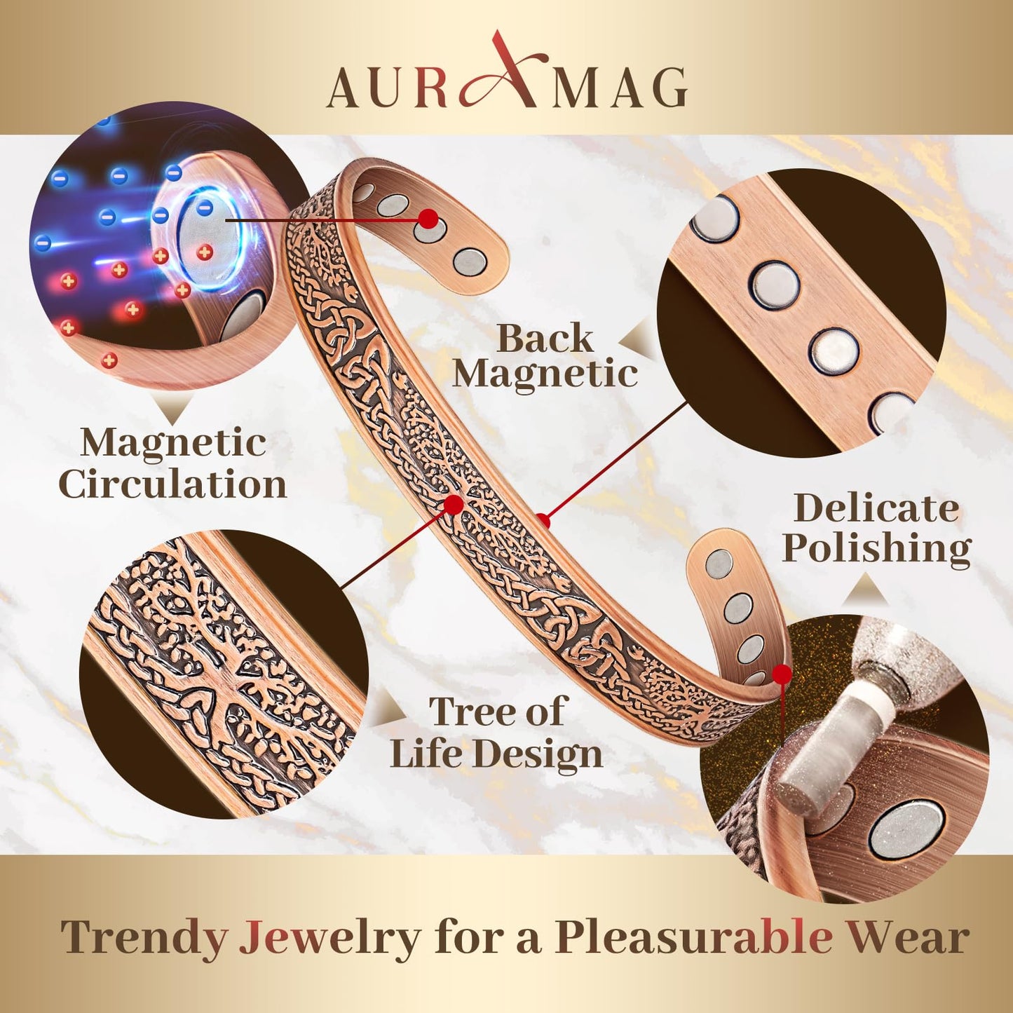 Auramag Copper Bangle for Women, Magnetic Cuff Bangle with 3500 Gauss Magnets, 100% Pure Copper Jewelry with Gift Box(Set of 2)