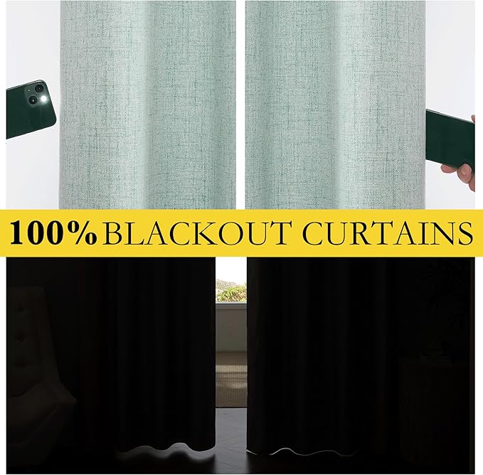 NICETOWN 100% Absolutely Blackout Linen Curtains with Thermal Insulated Liner, Seafoam Green, 42" Wide, 54" Length Energy Saving Curtains for Dining Room 2 Panels Set, Vertical Blinds