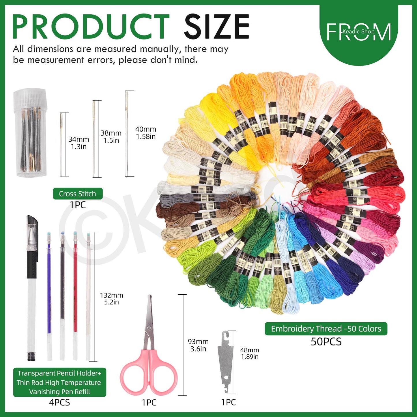 Keadic 78Pcs Embroidery Beginner Kit Contains 6 Colors Embroidery Fabric, Sewing Maker Pens, 50 Rainbow Colors Embroidery Thread, Circle Cross Stitch Hoop Rings, Cutter and Needles for Crafting