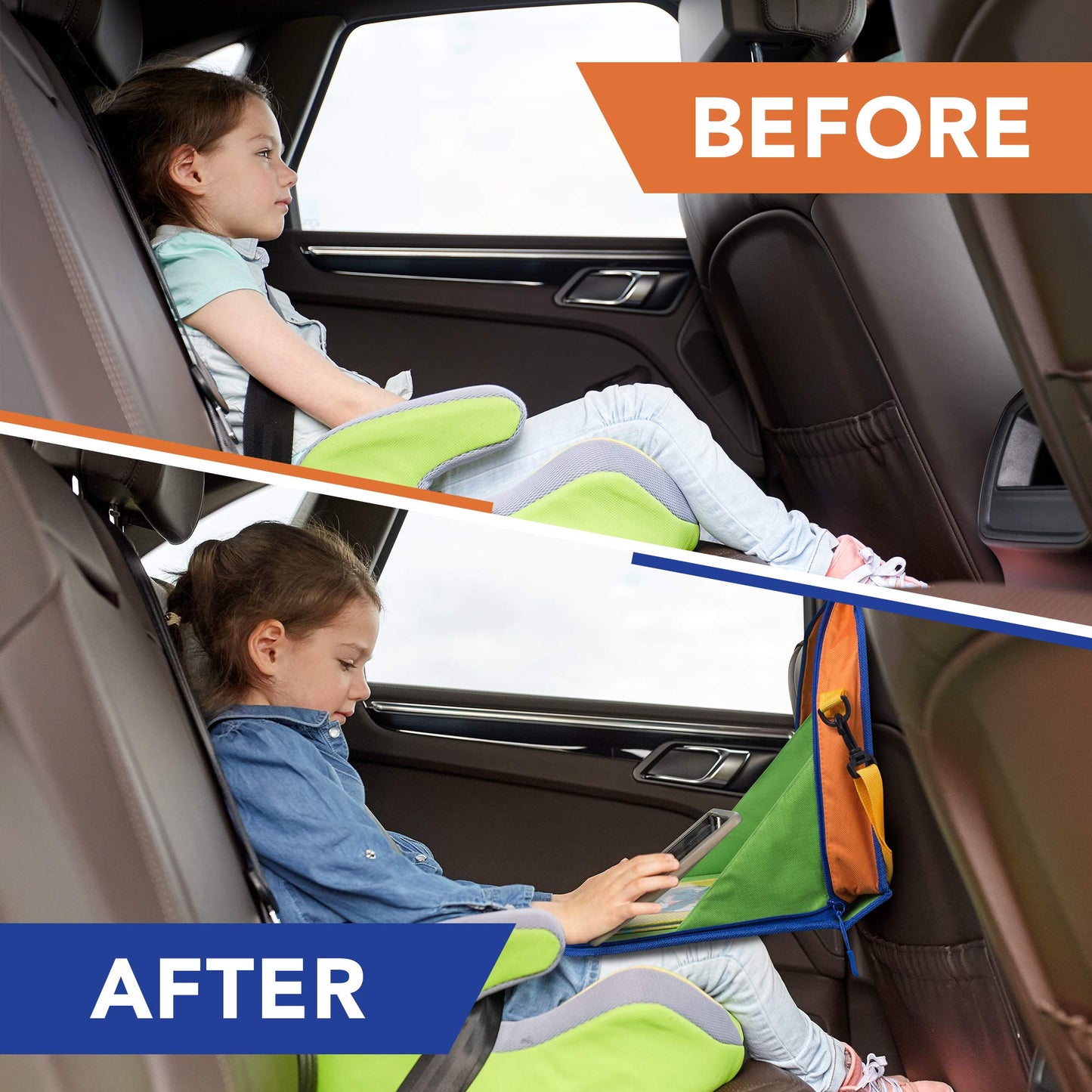 Car Organizer Back Seat for Kids & Tablet Holder for Car with Kick Mats & Lap Tray – Car Accessories Interior Must Have Road Trip Essentials (Age 3+) – Fold Away Tray with Car Seat Pocket Holders