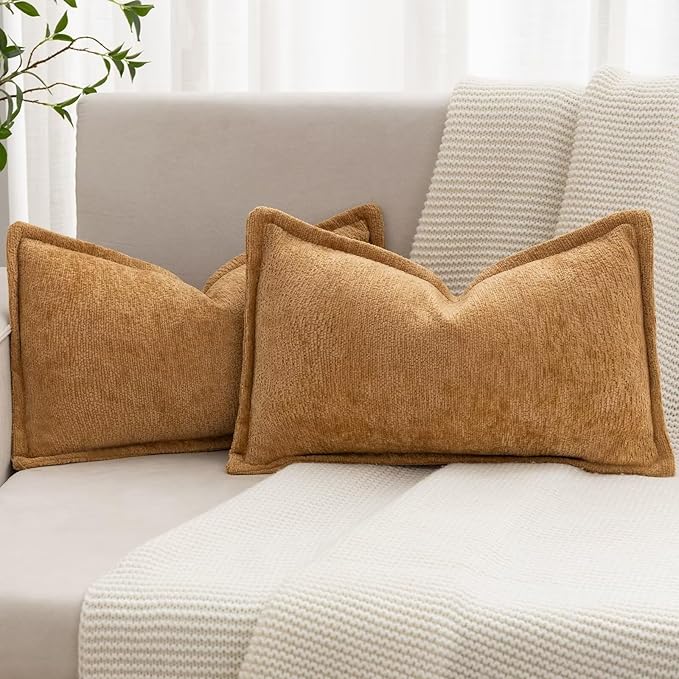 Mustard Yellow Decorative Throw Pillow Covers 12x20 Inch Set of 2 Cozy Soild Chenille Cushion Cases Soft Textured Lumbar Couch Pillows Cover Boho Accent Farmhouse Pillowcases for Bed