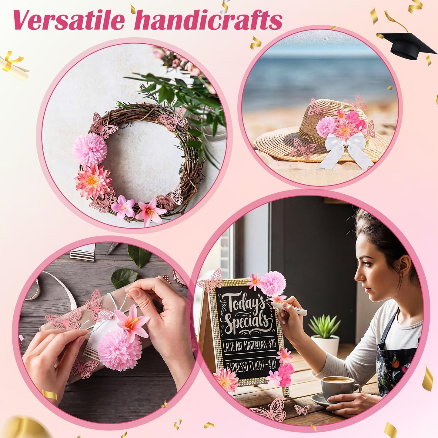 Dunzoom 40 Pcs DIY Graduation Cap Decorations Kit Artificial Flowers Inspirational Cardstock 3D Butterfly Stickers Ribbon Bow Rhinestone Stickers for Grad Cap Topper Graduation Party(Pink)