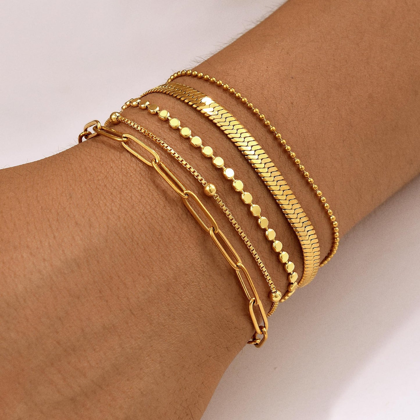 Striviio Gold Bracelets for Women, 14K Gold Plated Stackable Bracelet Stack Set Adjustable Charm Paperclip Chain Snake Link Layered Waterproof Jewelry Sets Gifts