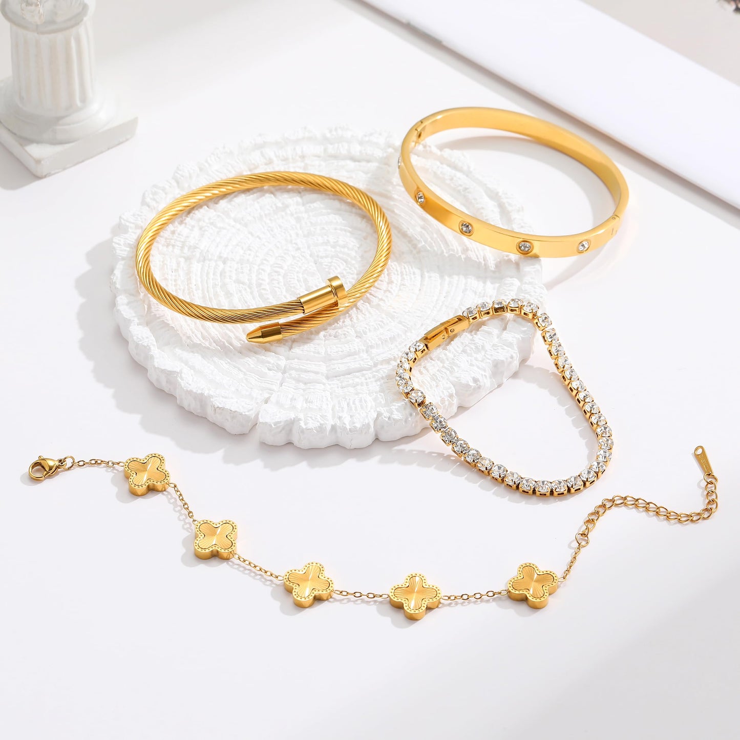 Jzrow 18K Gold Plated Bangle van cleef Bracelets Stack for Women,Four Leaf Clover Stackable Bracelets Non Tarnish,4 Pcs Jewelry sets Gifts (Gold)