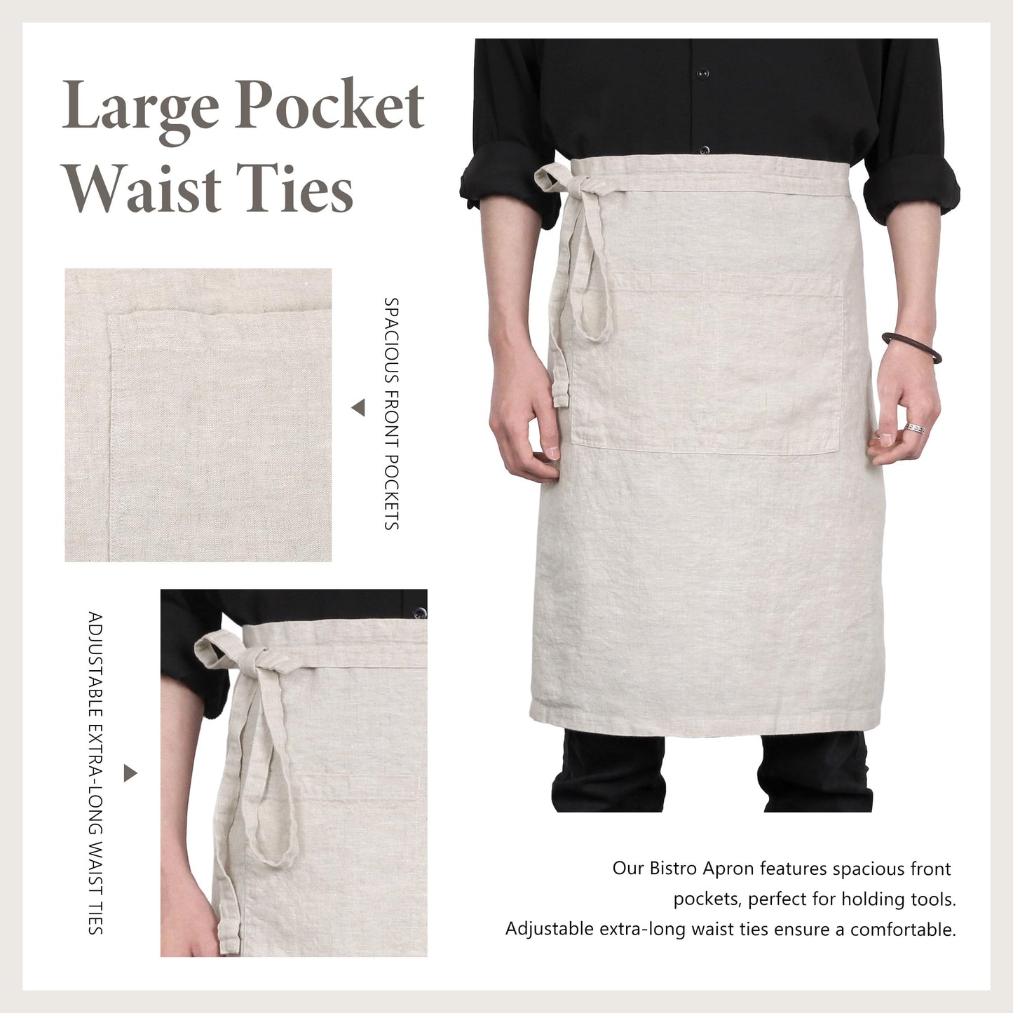 TRITON LINEN Pure Linen Apron - 25 x 35 Inch Bistro Half Apron with Large Pocket Unisex Waist Aprons Ideal for Kitchen Crafts and More (Natural Linen)