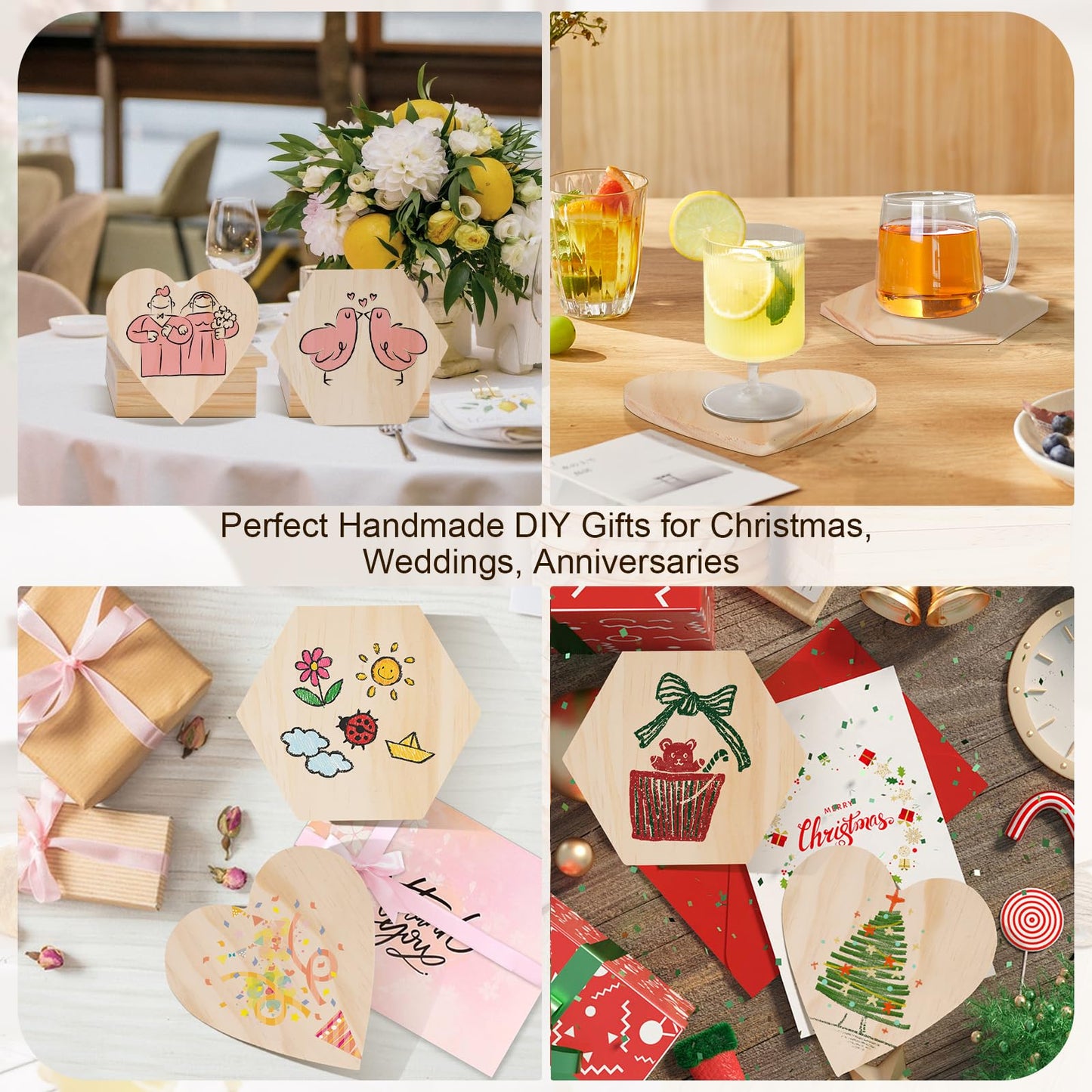 Jurtmy 48 Pcs Unfinished Wood Coasters, DIY Blank Coasters for Crafts,with Non Slip Pad, for Wood Engraving,Painting,Christmas Wedding Home Café Decor (48 Pcs-Hex&Heart)