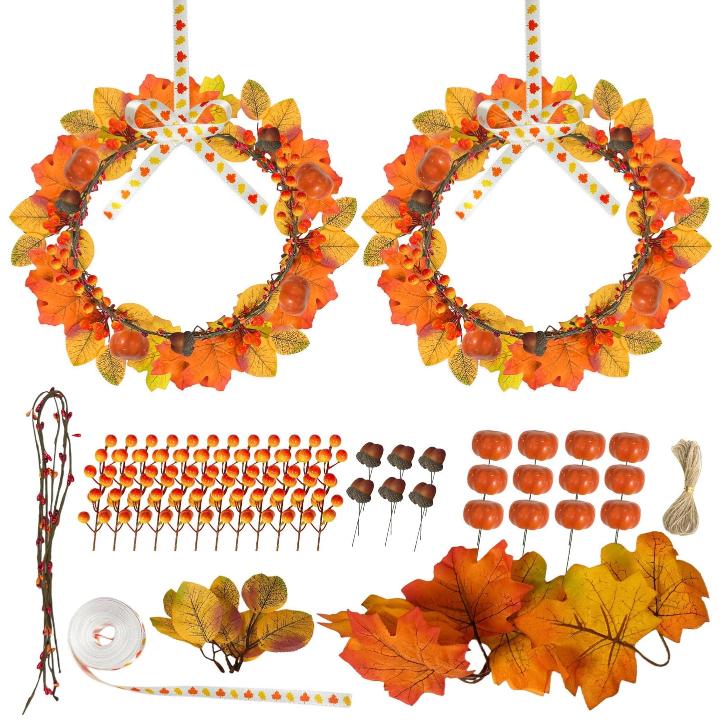 Cinrobiye 178 PCS Mini Fall Wreath Decorations Kits DIY Thanksgiving Maple Leaf Wreath for Front Door Autumn Candle Rings Wreaths Crafts for Garden Indoor Art Wall Hanging Wedding Table Home Decors