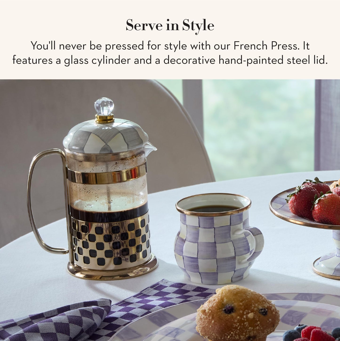 MACKENZIE-CHILDS Coffee French Press, Glass French-Press Coffee Maker, 32-Ounce Capacity, Gray-and-White Sterling Check