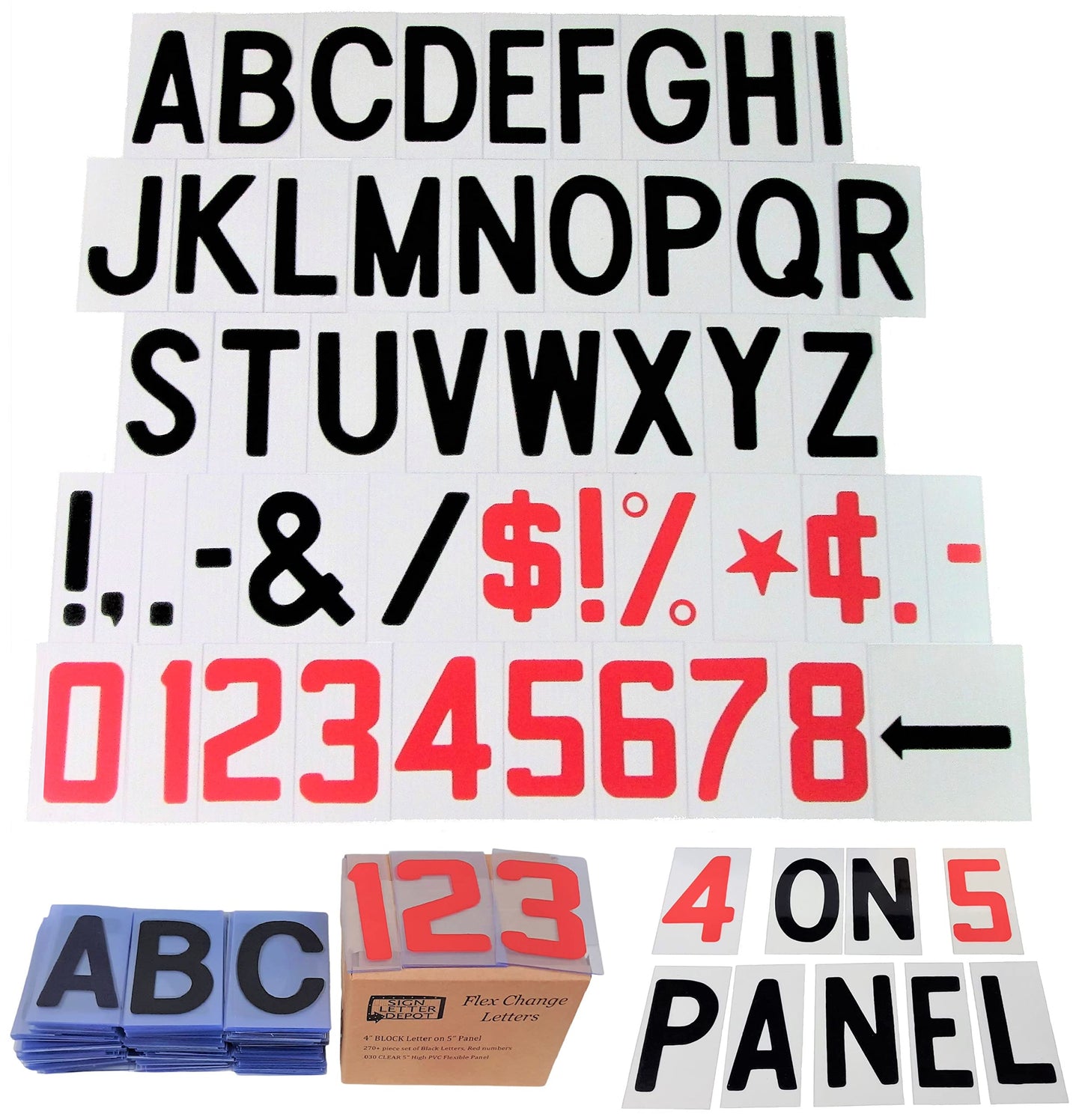 4" Flex Changeable Sign Letters on 5" Clear Panels – Black Letters & Red Numbers – Fits A-Frame, Sidewalk & Portable Signs – Made in USA