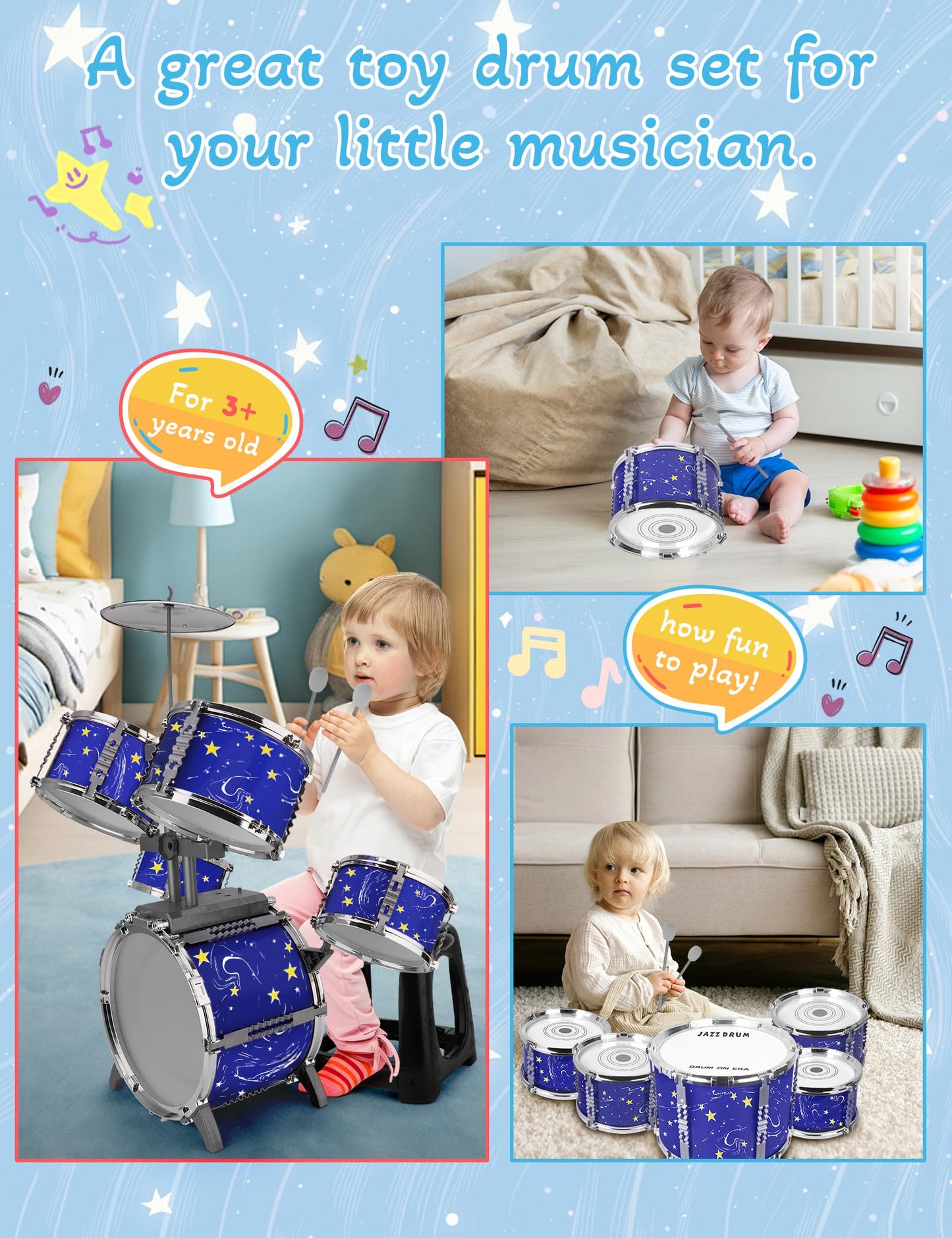 Upgraded Kids Drum Set for Toddlers Plastic Musical Jazz Drum Instruments Kit Birthday Musical Learning Toys for 4 5 6 Boys Girls, Starlight Blue