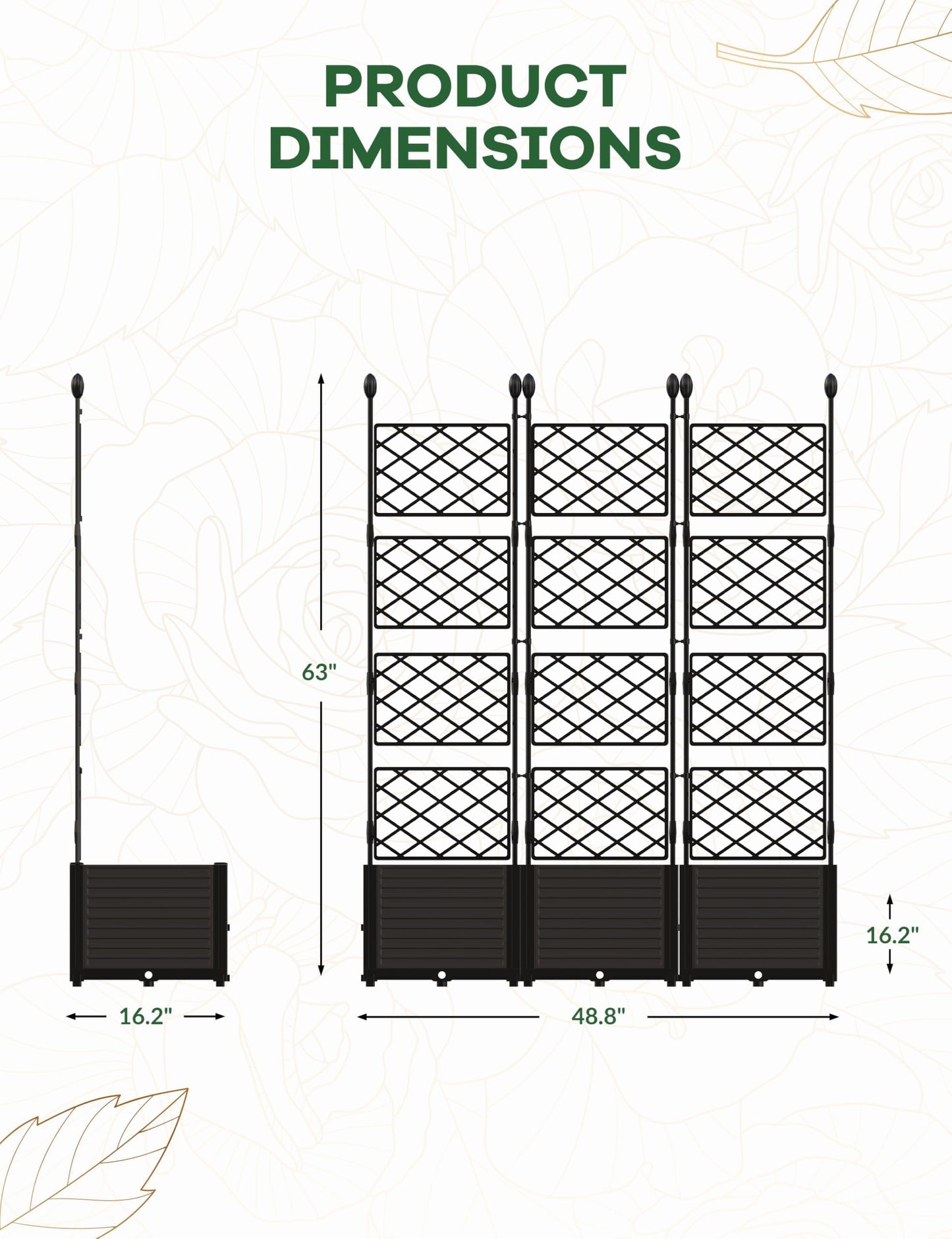 BouPower 4pcs Raised Garden Bed with Trellis & Privacy Screen, 63" h Tall Vertical Planter Box for Climbing Plants, Outdoor Garden Planter Box with Drainage Holes for Patio Balcony, Black