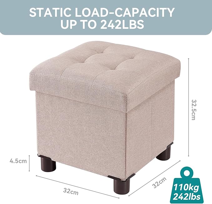 BRIAN & DANY Small Ottoman with Storage, Small Storage Ottoman, Folding Foot Stool with Wood Legs for Living Room and Bedroom Linen Rest Seat, 12.6"x12.6"x12.8" - Beige