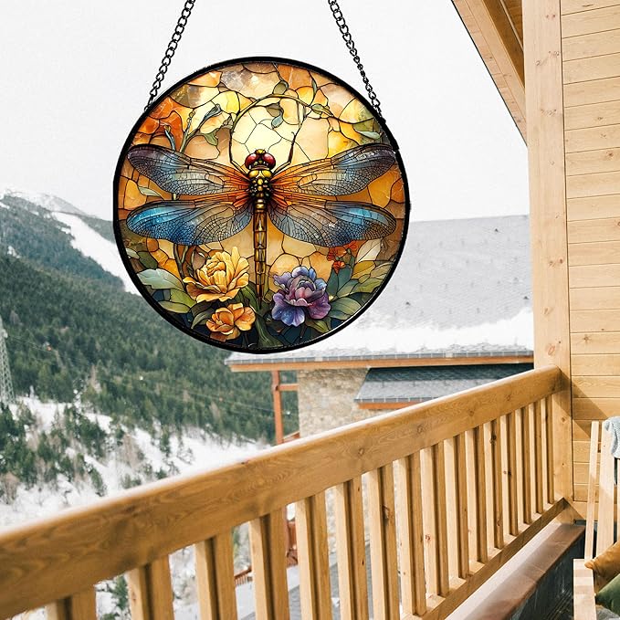 Stained Glass Window Hanging - Orange Blue Dragonfly Flower Suncatcher for Doors Window Home Sun Catchers Decor Christmas Mother's Day Birthday Outdoor Gifts for Women Men Mom Nana 11.8 in