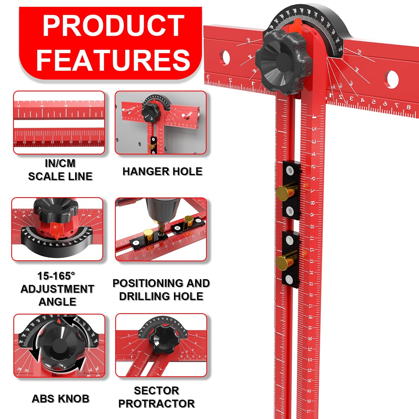 OKcedier Woodworking T Square Ruler, Precision Drilling Positioning Measuring Tools, Adjustable Aluminum Alloy Sliding 13.5 Inch T-Square Ruler with Angle Adjustment for Carpenter Work and Architect