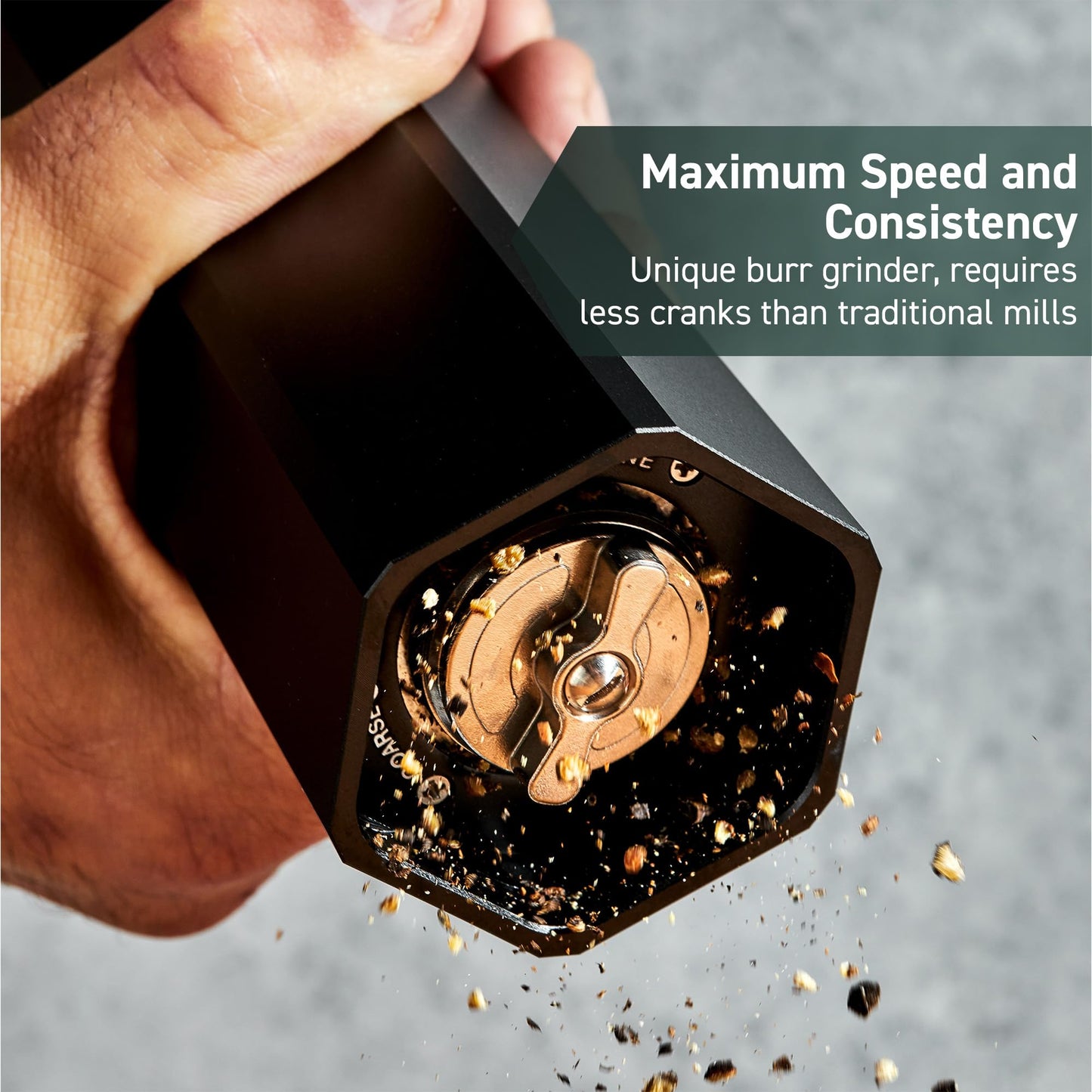 HexClad HexMill Pepper Grinder, Professional Grade Heavy Duty, Refillable, Aluminum Matte Black, Adjustable Ten Coarse Grind Settings