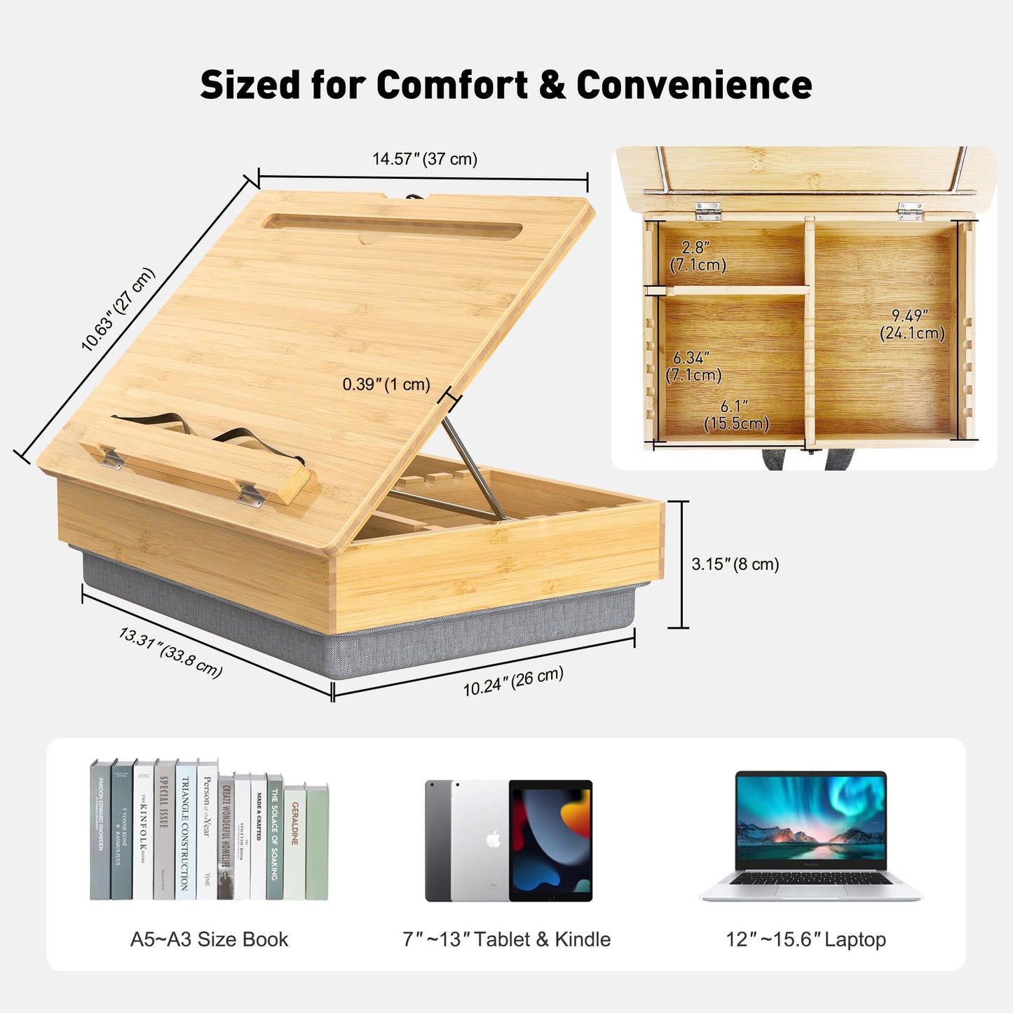 AboveTEK Book Stand for Reading with Storage, Adjustable Bamboo Book Holder with Soft Lap Cushion, Cookbook Stand, Hands-Free Book Reading Stand for Bed, Desktop & Kitchen Counter