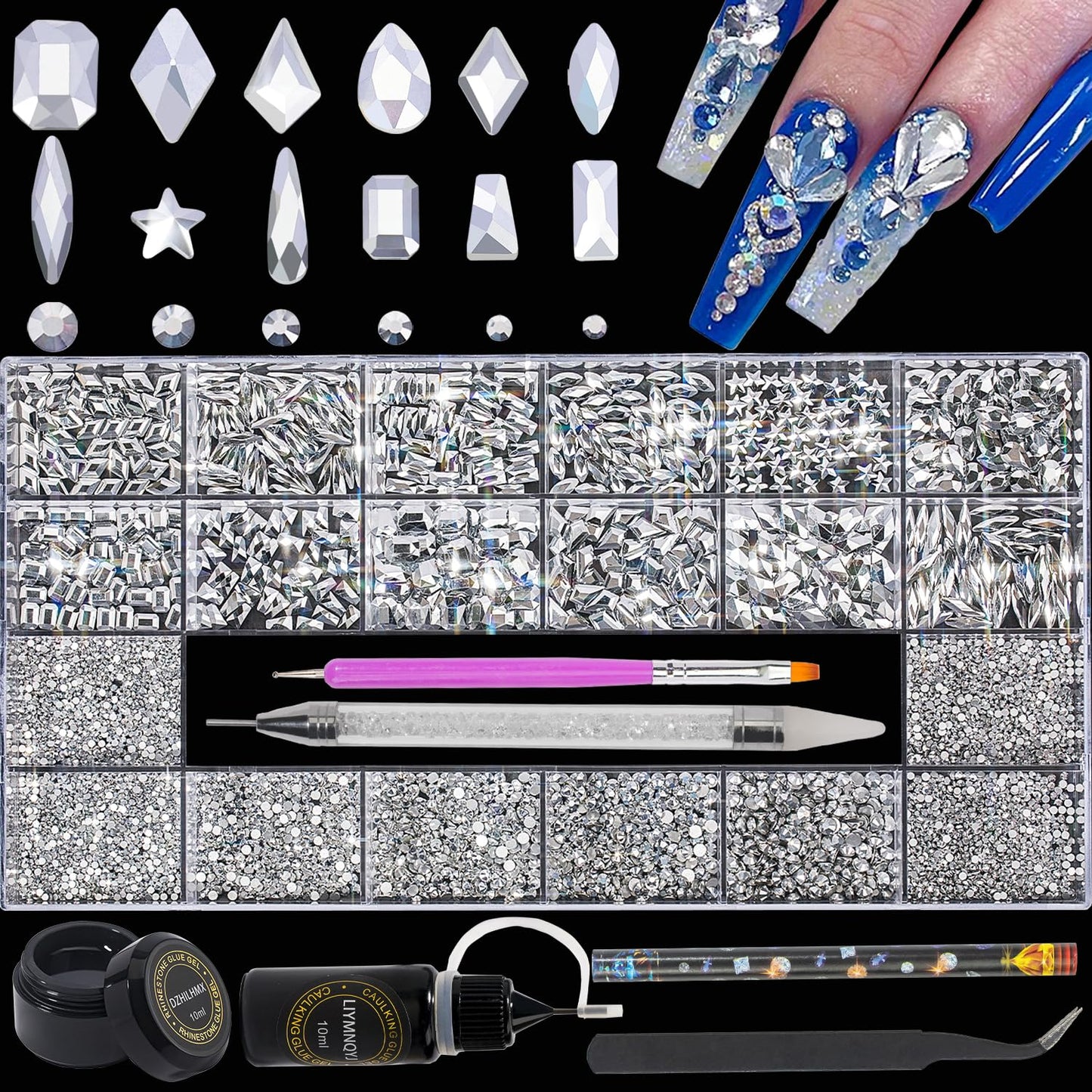 DZHILHMX Nail Rhinestones - 4300pcs Mine Silver, Multiple Shape Gems, Flat Back Rhinestones, with Kit and Glue Gel, for Nail Art