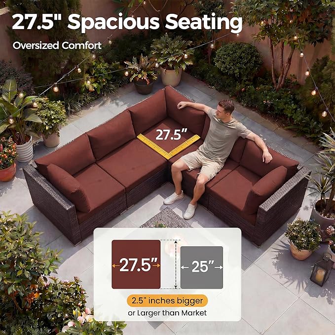 NICESOUL 6 Piece L-Shaped Modern Outdoor Furniture Set with Firepit Natural Gas/Propane, 29.3'' High-Back Deep Wide Seat Patio Conversations for Outside, Large Size Sofa, Brown Rattan and Red Cushion