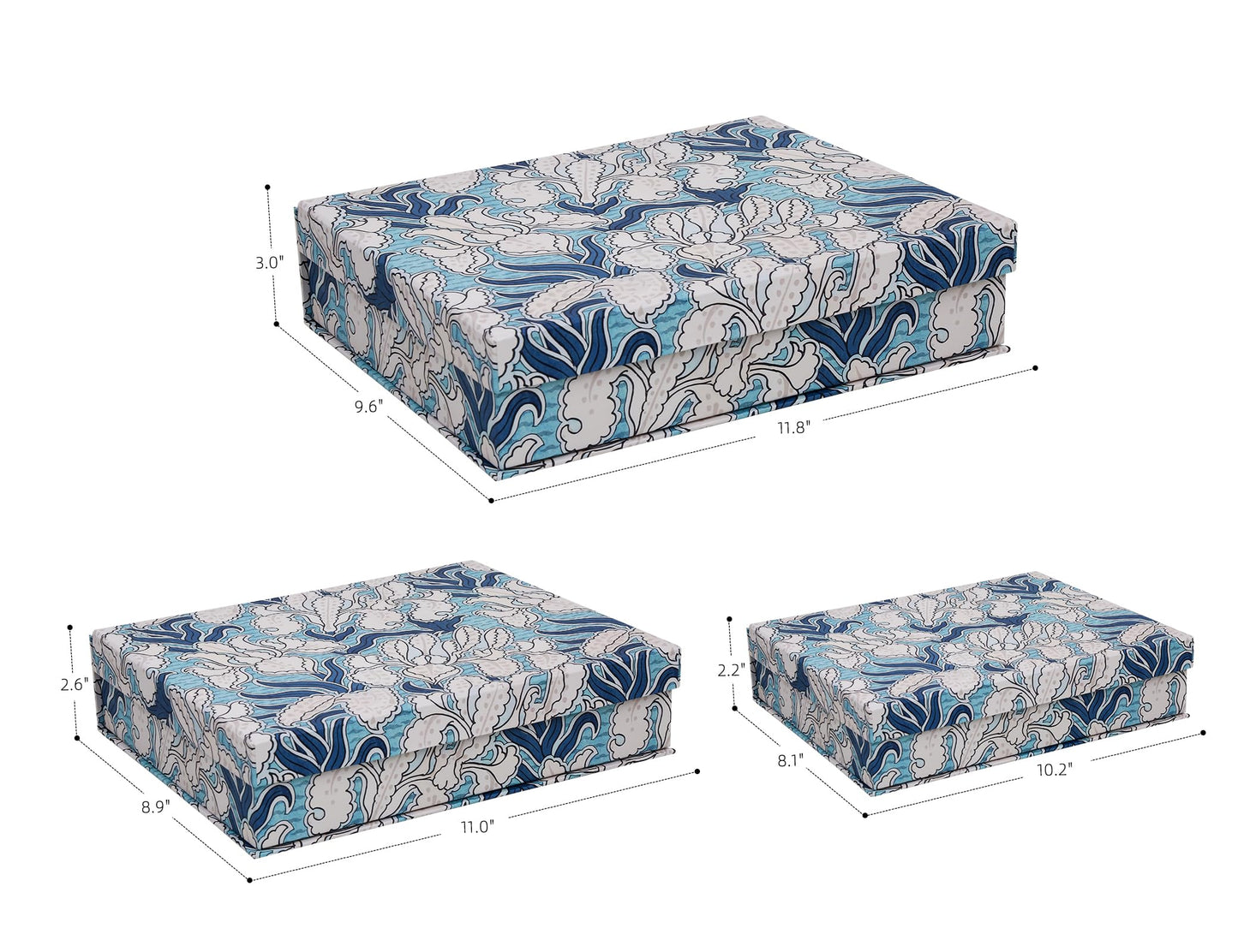 MIZFRUZZY 3-Piece Decorative Storage Boxes with Lids, Blue & White Art-Inspired Botanical Pattern, Sturdy Cardboard Keepsake Boxes, Stackable Memory Storage Boxes for Home Decor & Shelving