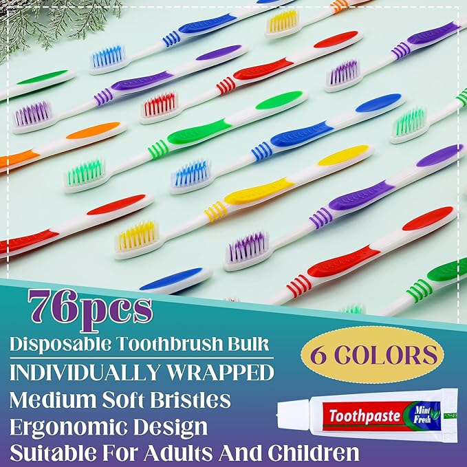 Disposable Toothbrush with Toothpaste 76 PCS, Travel Toothbrush and Toothpaste Bulk Set, Soft Bristle Individually Wrapped Toothbrushes Bulk for Kids, Adult. Suitable for Hotel, Travel, Home, Donated