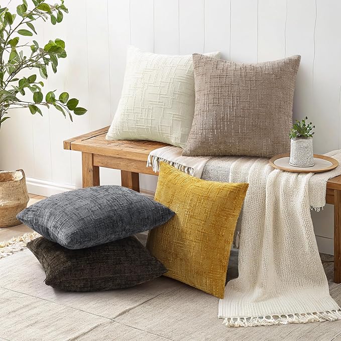 decorUhome Dark Grey Chenille Throw Pillow Covers 18x18 Set of 2 Thick Textured Slubby Couch Pillow Covers Farmhouse Accent Modern Neutral Decorative Pillow Cases for Bed Sofa Living Room