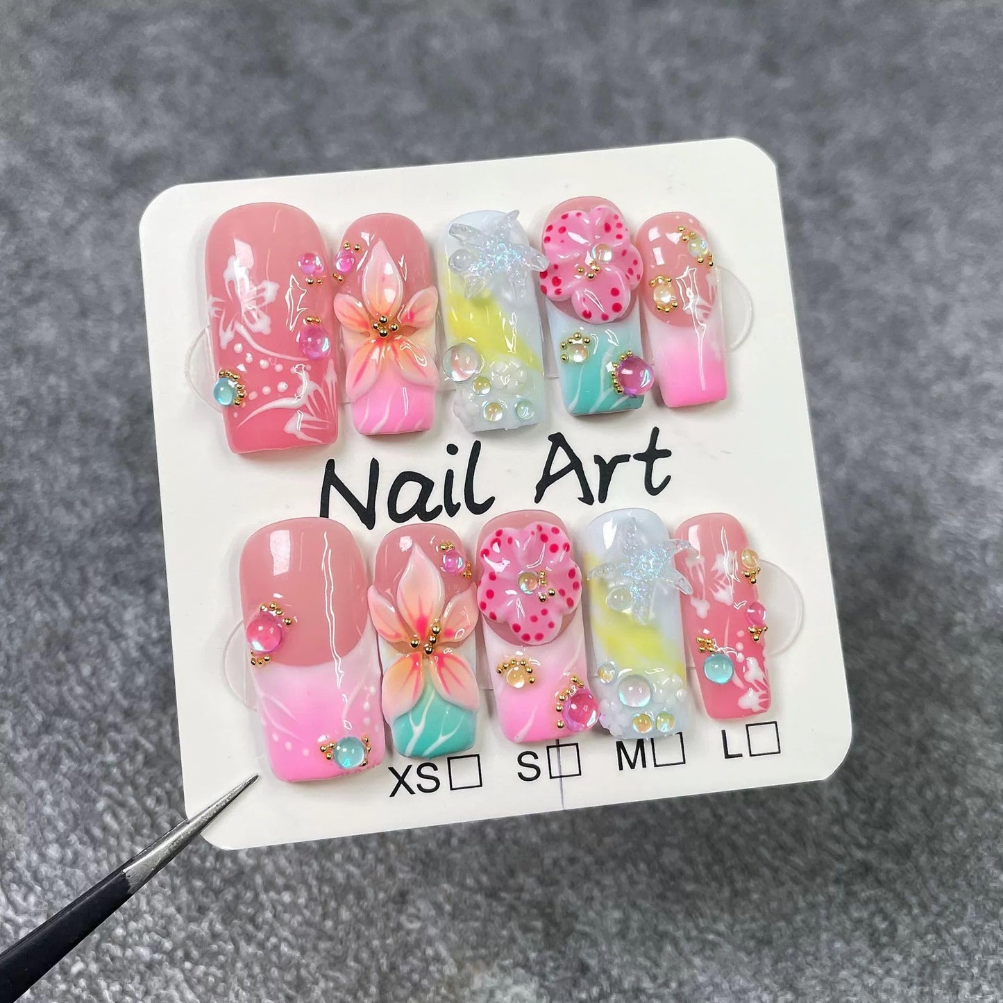 Threelegscat Square Handmade Press on Nails Medium Nails Press Ons With 3d Flower and French Tip Design Reusable Fake Nails for Women for Spring and Holiday 10pcs M Size Pattern S1108