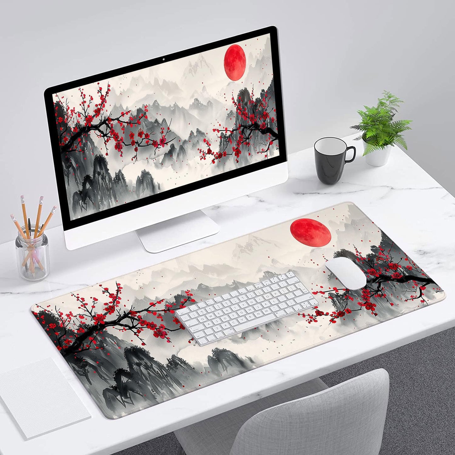 Watercolor Cherry Blossom Gaming Mouse Pad - Chinese Ink Painting Mountain Desk Mat With Stitched Edge Non-Slip Base for Office Computer Keyboard Laptop Home 31.5"x11.8"