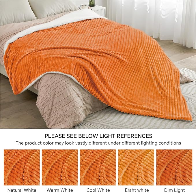 INFIIXSO Sherpa Fleece Queen Size Blanket - Super Soft & Warm Striped Fleece, Cozy Plush Fluffy Large Bed Blanket All Season Use (Burnt Orange, 90x90 Inches)