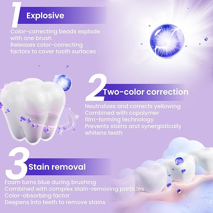 Purple Color Corrector & Whitening Toothpaste, Fluoride-Free for Sensitive Teeth, Deep Stain Remover to Eliminate Plaque & Freshen Breath, Enamel Safe (2)