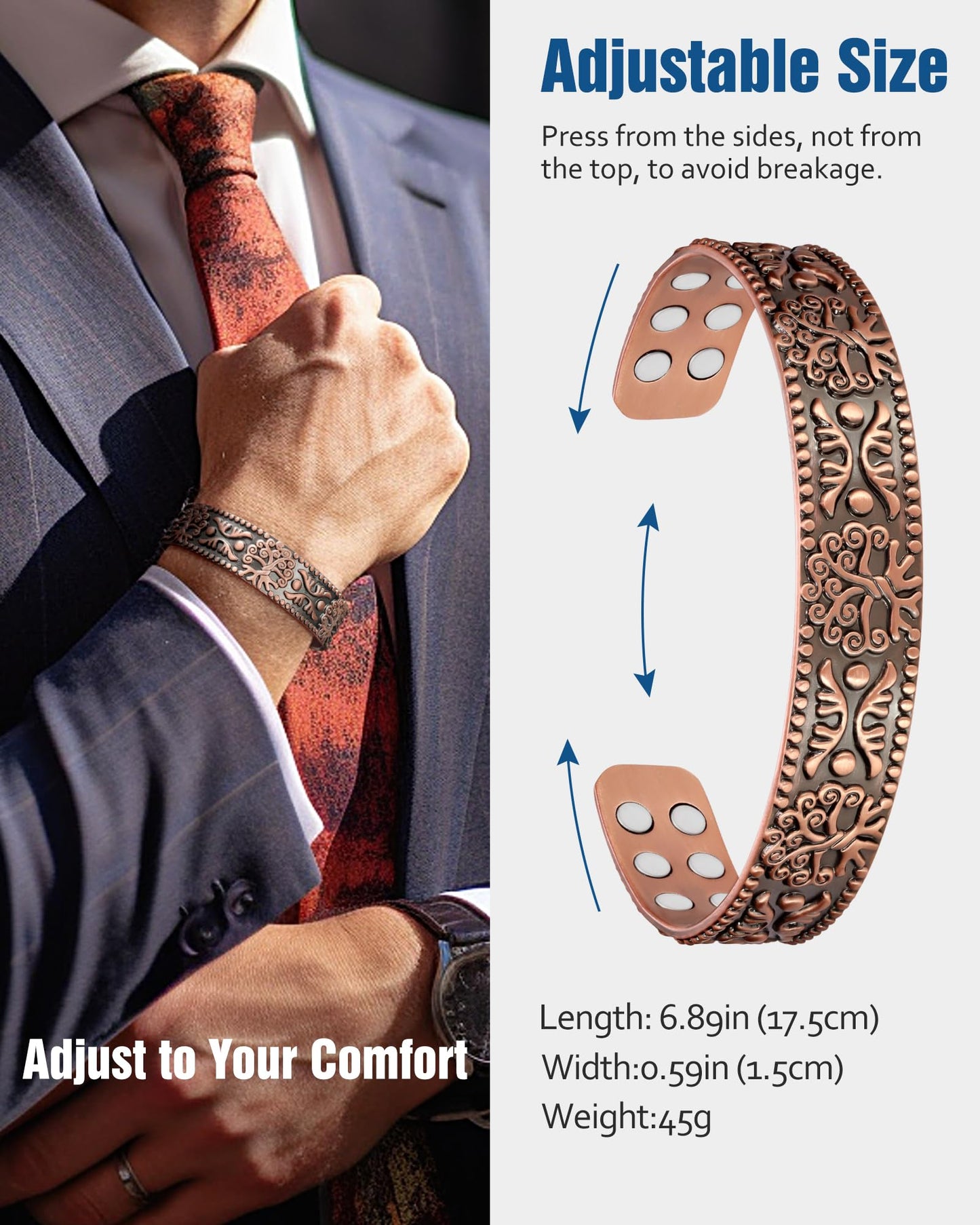 Jecanori Copper Bracelet for Men, 18X Strength Men's Copper Magnetic Bracelet,99.99% Pure Solid Copper Bracelet