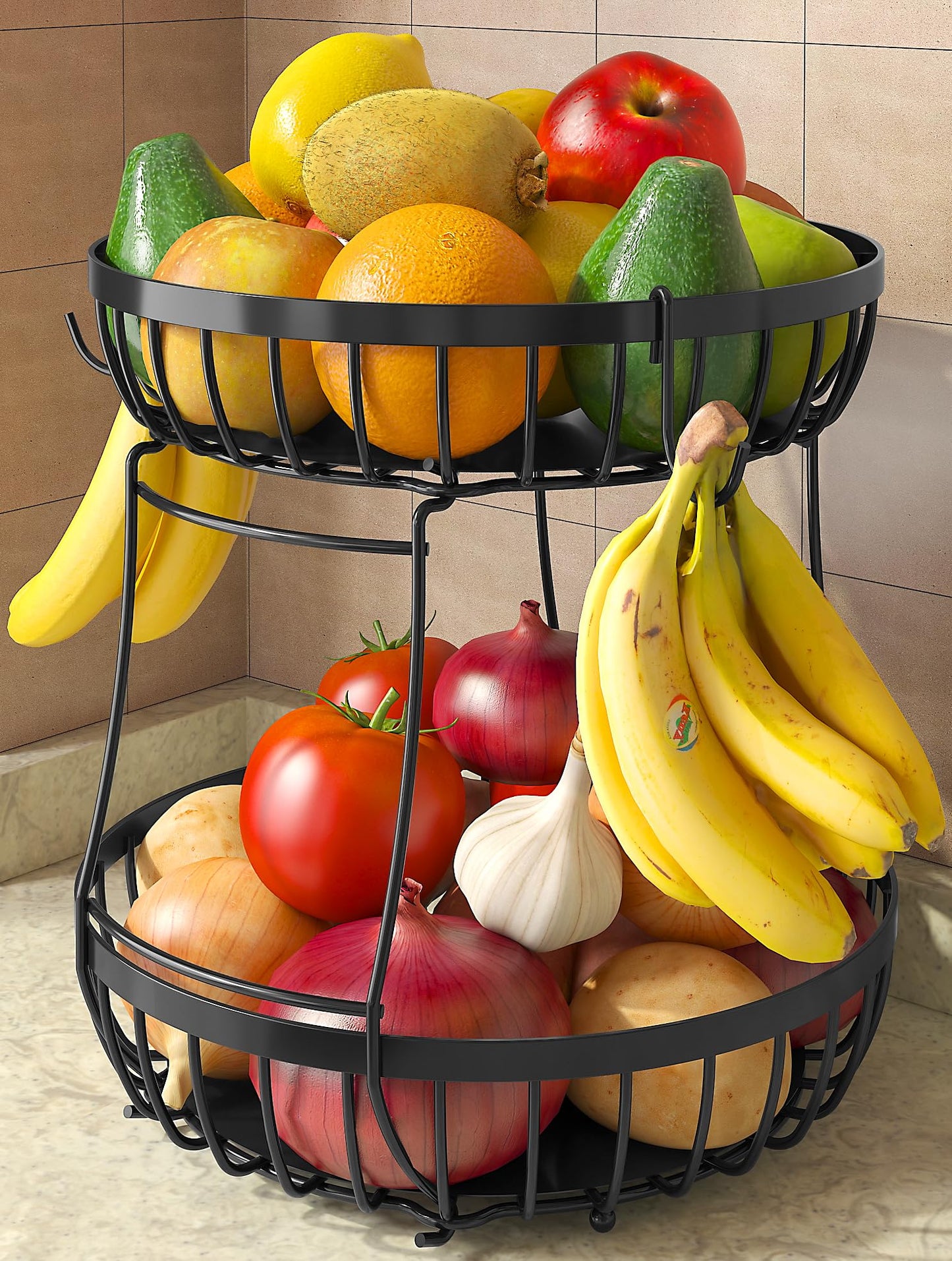 Sevenblue 2 Tier Fruit Basket for Kitchen Counter with 2 Banana Hangers, 2026 Pro Detachable Metal Fruit Bowl with Wooden Handle,Fruit Holder for Bread Snack Veggies, Black Extra Large