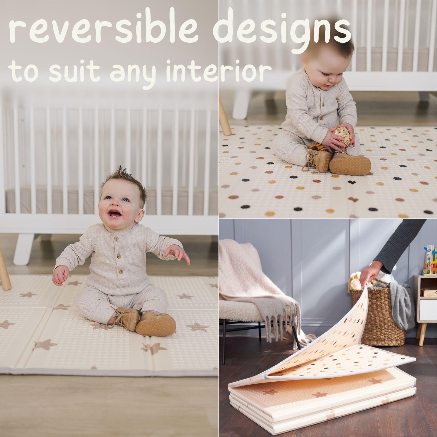 Bubba Bear Baby Play Mat, Thick Foam with Pattern Design, Foldable Waterproof Padded Crawling Mat for Babies (Beige Stars, 79 x 59 Inches)